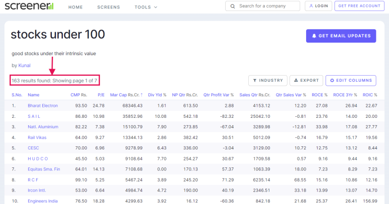 Screener - list of Stocks under Rs. 100
